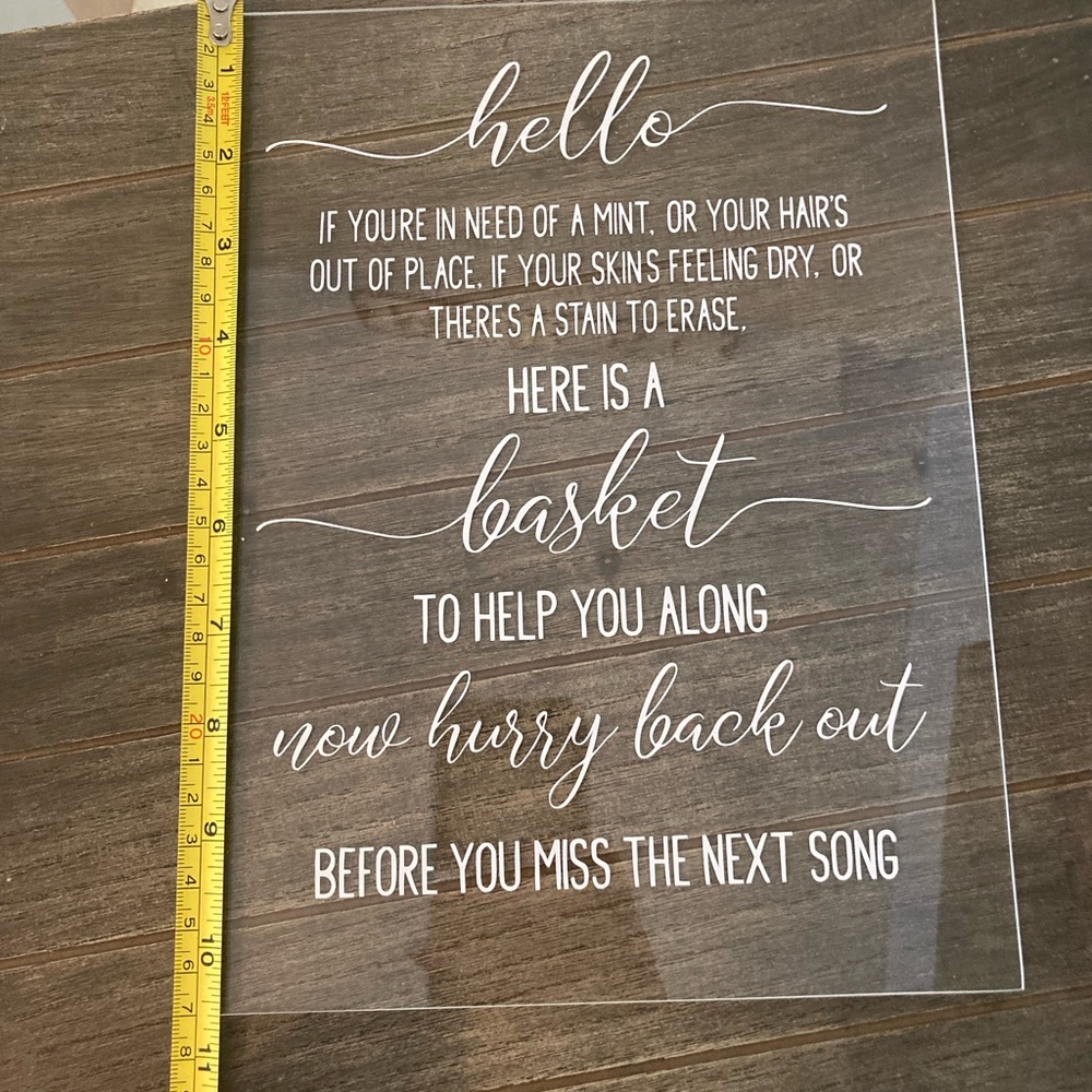 Wedding day acrylic sign for bathroom refresher basket